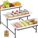 3 Tier Serving Tray for Party, 12.8"x7.5" BPA Free Food Grade Shatterproof Tiered Serving Platters with Steel Stand, Collapsible Dessert Display for Wedding, Graduation, BBQ, Holiday Events, Black