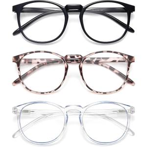 IBOANN Chic & Comfy Blue Light Glasses for Women - 3-Pack Round Frames, Screen-Ready Style with UV Protection Coating (A29 Light Black & Transparent Blue & Tranparent)