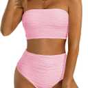 High Waisted Bandeau Bikini Set - Women Strapless Two Piece Swimsuits Ribbed Longline Full Coverage Bathing Suits Swimwear (Large, Light Pink)