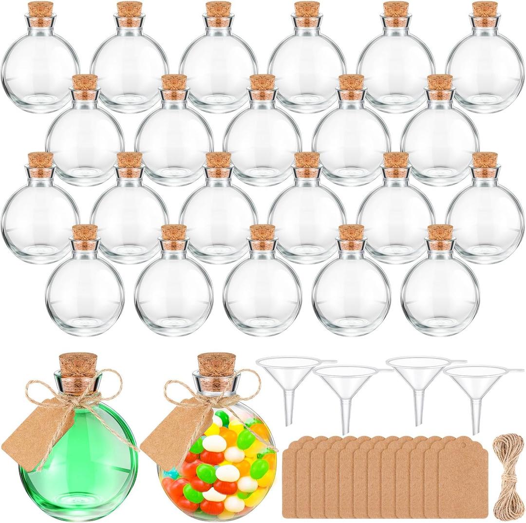 Baderke 24 Sets 5 oz Mini Glass Bottle with Cork Lids Round Small Decorative Jar Ball Shaped Glass Potion Bottles with Tags, Ropes and Funnels for DIY Crafts Wedding Birthday Party Favor Gift