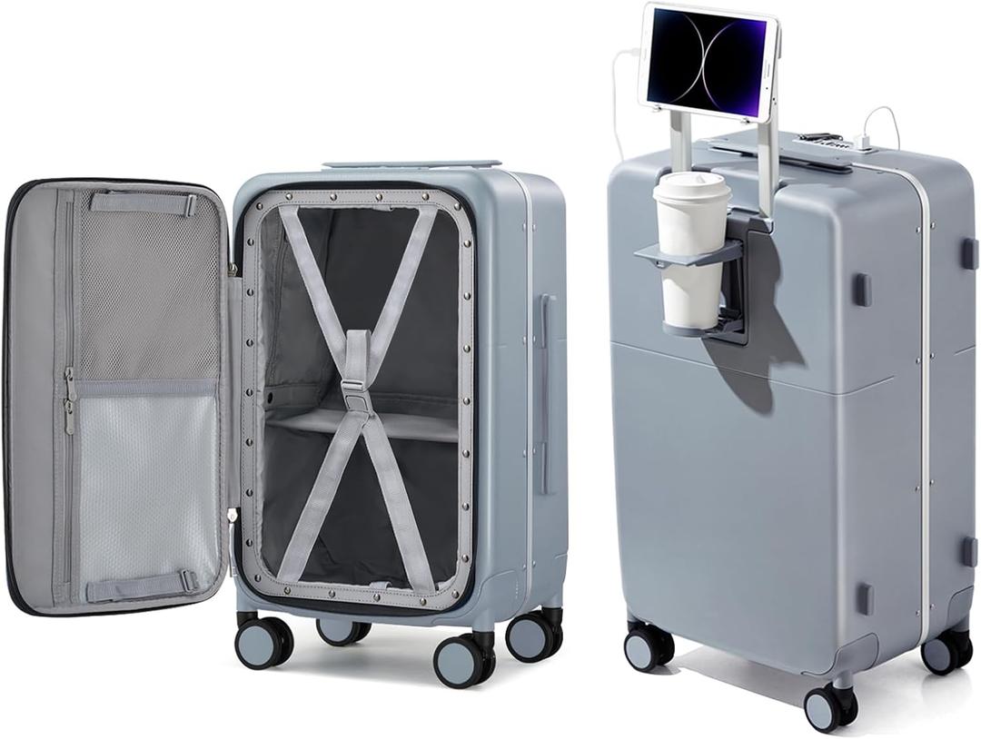 Hanke 20 Inch Carry On Luggage with Cup Holder and Charge,Top Opening Hard Shell Suitcases with Wheels and Dividers,Aluminum Frame Trunk Luggage Small Suitcase with Lock for Travel,Gray