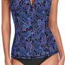 Women Rash Guard Tank Top Swim Shirts UV Sun Protection Surfing Swimsuits Top Zipper Bathing Suit Built in Bra No Bottoms (XX-Large, Aa-padded | Blue Paisley)