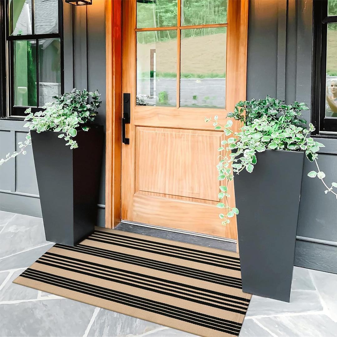KIMODE Fall Front Door Mat 24"x51", Black and Khaki Striped Layered Door Mat Outdoor, Washable Farmhouse Front Porch Rug Halloween Thanksgiving Decorations, Cotton Hand Woven Entryway Rug