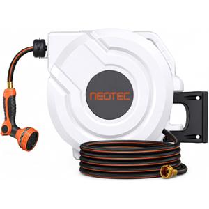 NEO-TEC 100ft 5/8 Inch Retractable Garden Hose Reel with Any-Length Lock Slow Auto Rewind Heavy Duty Hose Reel With 9-Pattern Nozzle 180° Swivel Bracket UV Resistant Wall Mounted Hose Reel for Outside