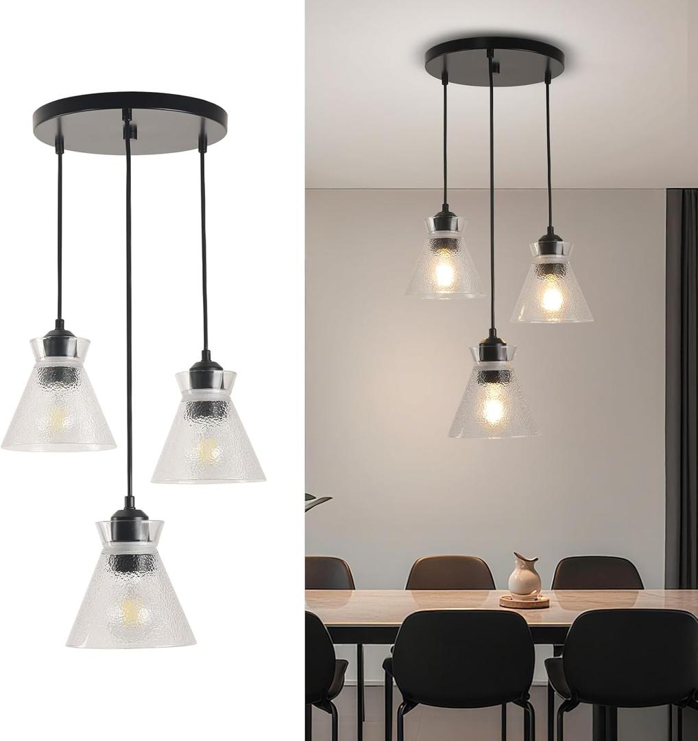 Industrial Hanging Pendant Lighting for Kitchen Island Black Brushed Glass 3-Light Linear Chandelier for Dinning Room Entryway Bedrooms Farmhouse