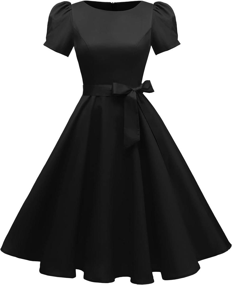 tagunop Women's Boatneck Vintage 1950s Cocktail Party Dress with Puff Sleeves Black M