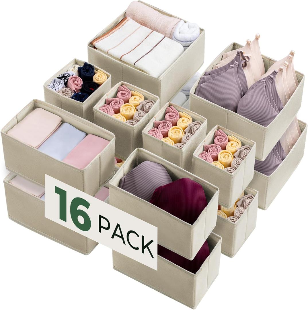 Kootek 16 Pack Drawer Organizer Clothes, Dresser Drawer Organizers for Clothing Fabric Foldable Closet Organizers and Storage Bins for Baby Clothes, Nursery, Underwear, Bras, Socks (Beige)