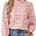 SOFIA'S CHOICE Women's Lace 3/4 Sleeve Shirts Crochet Eyelet Crew Neck Dressy Blouse Sheer Top (Pink, L)