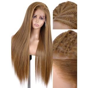 WIGNEE 13x6 Synthetic Lace Front Wig 28" Mixed Brown Wig Pre-Plucked Handmade Lace Front Wigs with Kanekalon Futura Hair Voluminous Long Straight Synthetic Wigs for Daily Party Use (Honey Blonde)