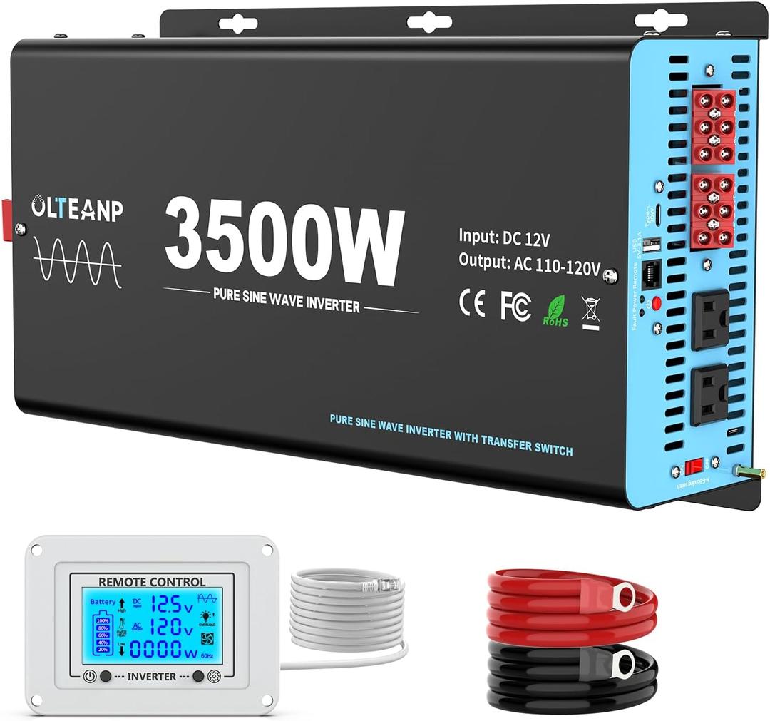 3500W Pure Sine Wave Power Inverter with Transfer Switch, 12V DC to 120V AC Converter, 7000W Peak, Auto Switch to Shore Power, Remote LCD Controller, USB & Type-C for RV, Truck, Off-Grid Heavy Duty