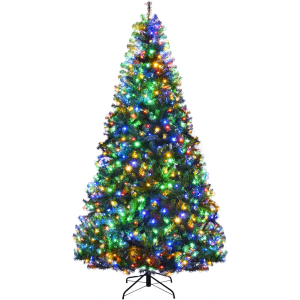 Goplus 8FT Pre-Lit Artificial Christmas Tree Auto-Spread/Close up Branches 11 Flash Modes with Multicolored 750 LED Lights & Metal Stand