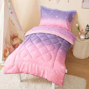 Toddler Bedding Set for Girls 4-Piece Pink Purple Gradient Glitter Toddler Bed Comforter Sets for Baby Crib Bedding Set Baby Bedroom Set, Include Comforter, Flat Sheet, Fitted Sheet, Pillowcase