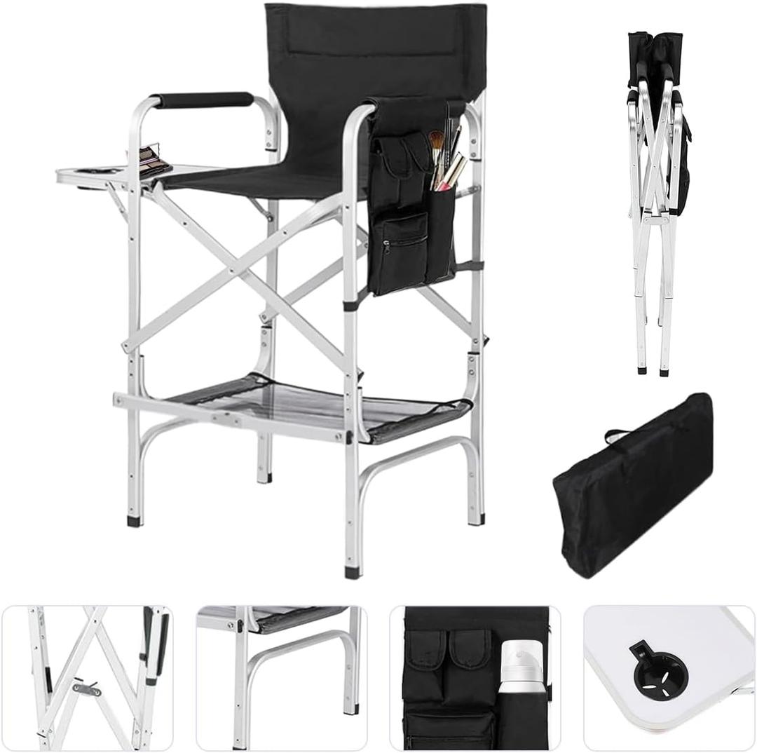 Professional Tall Makeup Chair with Folding Side Table & Storage, Portable and Sturdy Directors Chair for Makeup Artists & Beauty Enthusiasts (44.9 inch, Silvery)