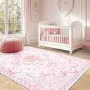 Pink Bow Rug for Bedroom Girls,8x10 Nursery Rugs for Living Room with Soft Low Pile, Cute Vintage Non Slip Washable Rug for Nursery Kids Playroom Dining Room College Dorm Girl