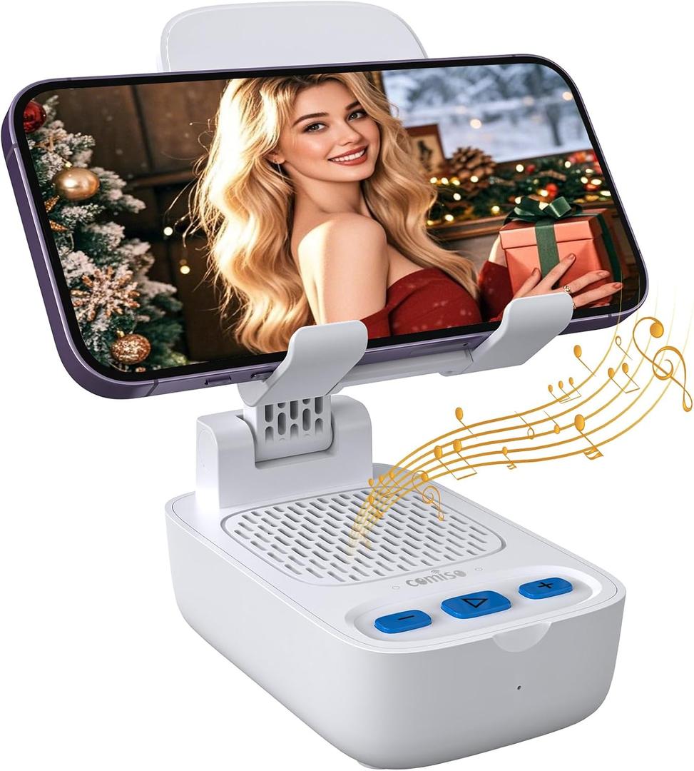 Gifts for Men Women, White Elephant Gifts for Adults, Cell Phone Stand with Wireless Bluetooth Speaker, Punchy Bass & HD Stereo Sound Speaker Compatible with iPhone/iPad/Samsung-White