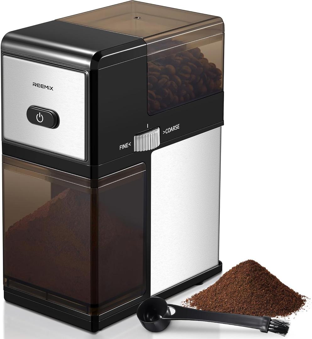 Electric Burr Coffee Grinder, Reemix Automatic Flat Burr Coffee for French Press, Drip Coffee and Espresso, Adjustable Burr Mill, Black+Silver