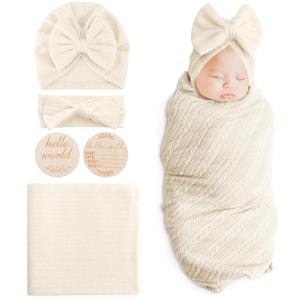 DRESHOW BQUBO Baby Swaddle Blankets for Girls, 4PCS Newborn Accessories Set with Matching Hat and Bow Headband with Hello World Wooden Birth Announcement Card