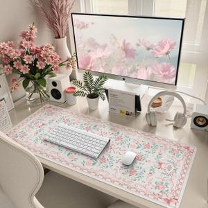 HAOCOO Pink Bow Desk Pad for Keyboard and Mouse, Non-Slip Large Mouse Pad, Cute Desk Matt for Desktop, Computer Mat with Edge Stitching for Office, Waterproof Desktop Protection