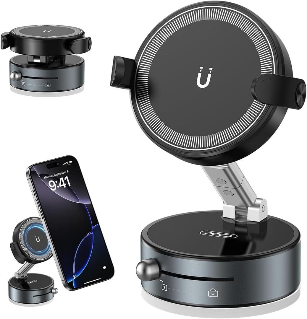 2 x 360 Rotation Clip on Car Phone Mount, 2 IN 1 Adjustable Magnetic Car Phone Holder Vacuum Suction Cup Phone Stand Foldable Cellphone Mount with Concealable Ears for All Smartphones