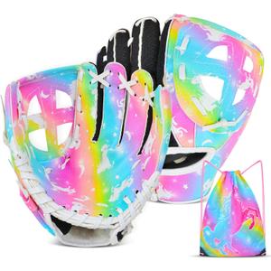 Kids Baseball Glove,Softball Gloves,Baseball Softball Mitt for Kids Girls Toddlers, Tee Ball Glove for Training and Beginner Play, Left Hand Glove, Right Hand Throw (10.5", Rainbow Unicorn)