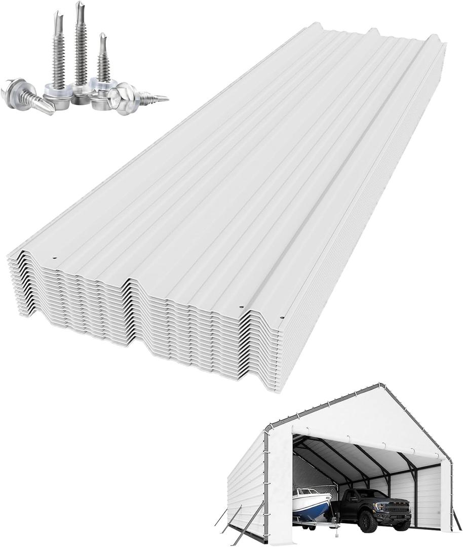 GarveeLife Roofing Panels for Metal Carport 20x25 ft, 20x20 ft, Heavy Duty Metal Carport Kits, 27 Ga. Galvanized Steel Ribbed Panels, 60.23 in x 19.68 in, 16 Pcs, White
