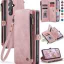 Defencase for Galaxy S25 Case Wallet with RFID Blocking Card Holder for Women Men, Elegant PU Leather Magnetic Snap Flip Wristlet Strap Zipper Wallet Phone Cases for Samsung Galaxy S25 5G 6.2", Pink