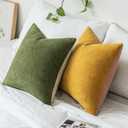 SINYASAN Mustard Fall Chenille Throw Pillow Covers 18x18 Inch Set of 2, Green Soft Velvety Pillow Covers Colorful Square Fuzzy Cushion Covers for Boho Farmhouse Living Room Bed Neutral Decor