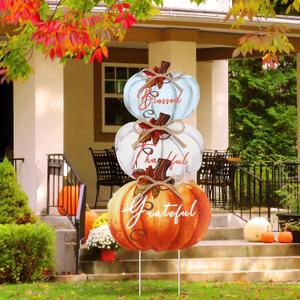 Geetery 3 Pcs Thanksgiving Pumpkin Outdoor Decorations Thanksgiving Yard Stakes 31 Inch Plastic PP Stackable Blessed Thankful Grateful Yard Sign Rustic Autumn Harvest Sign for Garden(Rustic Color)