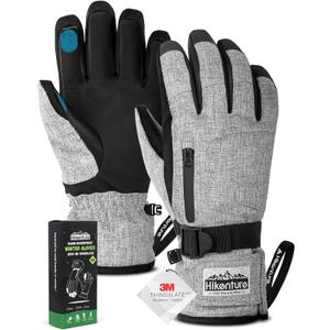 Hikenture Ski Gloves for Men&Women, 3M Thinsulate Waterproof Snow Gloves, Insulated Touchscreen Snowmobile Gloves for Cold Weather, Windproof Warm Skiing Gloves with Pocket (Small, Grey)