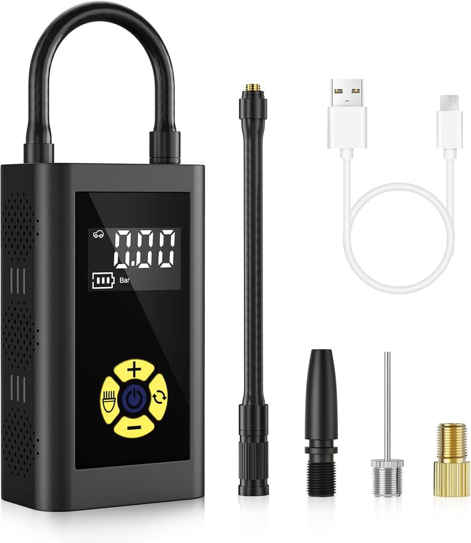 LAMONKE Tire Inflator Portable Air Compressor, Rechargeable Tire Inflator with LED Light, 150 PSI Bike Pump for Cars, Mini Air Pump for Bikes, Motorcycles, Balls and Emergency Flashlights (Black)