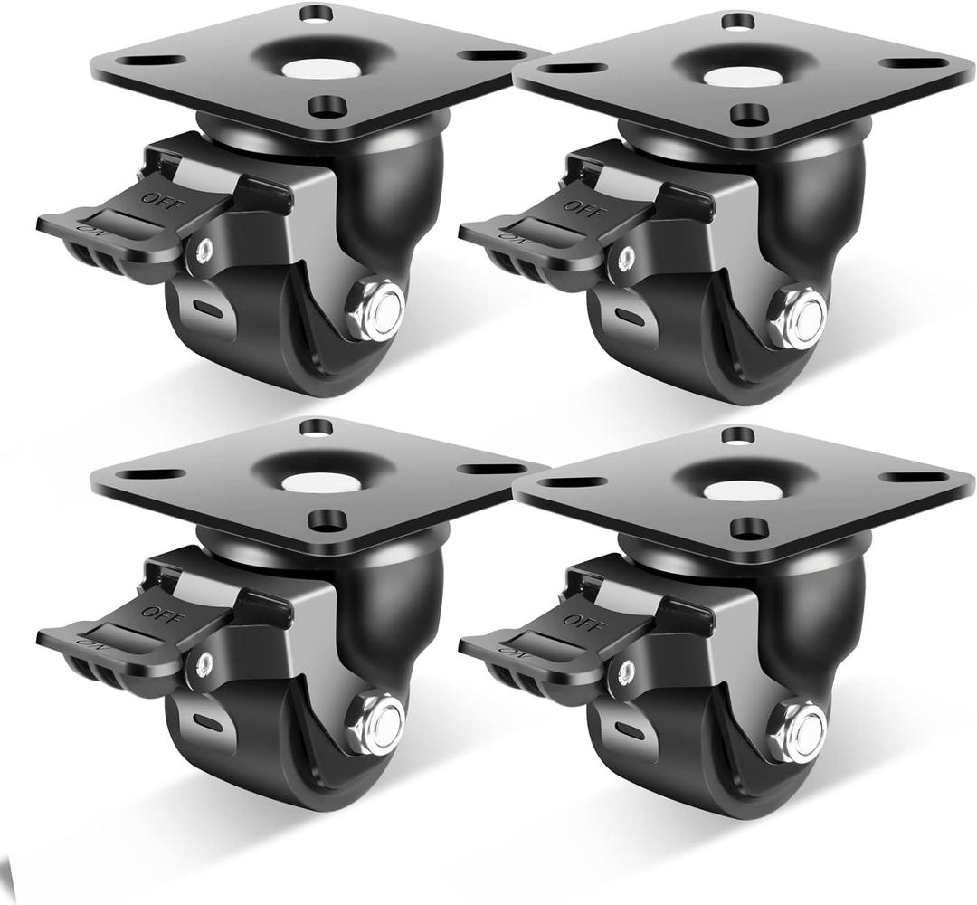Nefish 2-Inch Heavy Duty Casters Set of 4, Industrial Grade Castors Wheels 2200 LBS, Low Gravity Plate Swivel Caster with Brake, Durable & Corrosion-Resistant Nylon Wheels for Industrial, Equipment