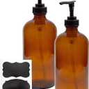 Cornucopia Brands 16oz Amber Glass Bottles w/ Pump Dispensers (2-Pack); Refillable Lotion Liquid Soap Pump Brown Bottles Labels, BPA-Free Plastic Tops