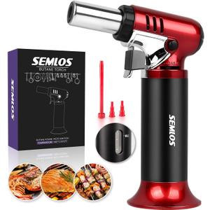 Semlos Butane Torch with Fuel Gauge, Refillable Kitchen Torch Lighter with Safety Lock and Adjustable Flame for DIY, Creme Brulee and Soldering(Butane Gas Not Included) (S-907 Red)