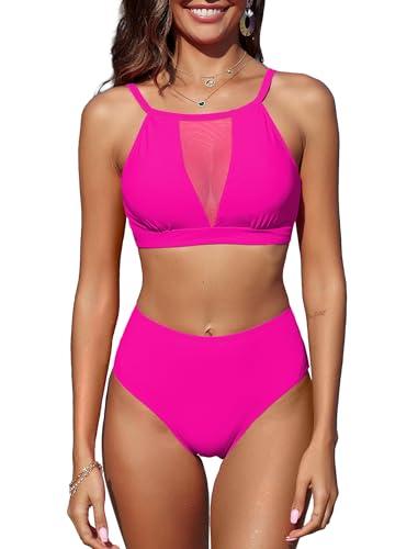 ZAFUL Women's Sheer Mesh Bikini Set Tummy Control Mid Waisted 2 Piece Tankini Bathing Suit Sporty Swim Suits, S
