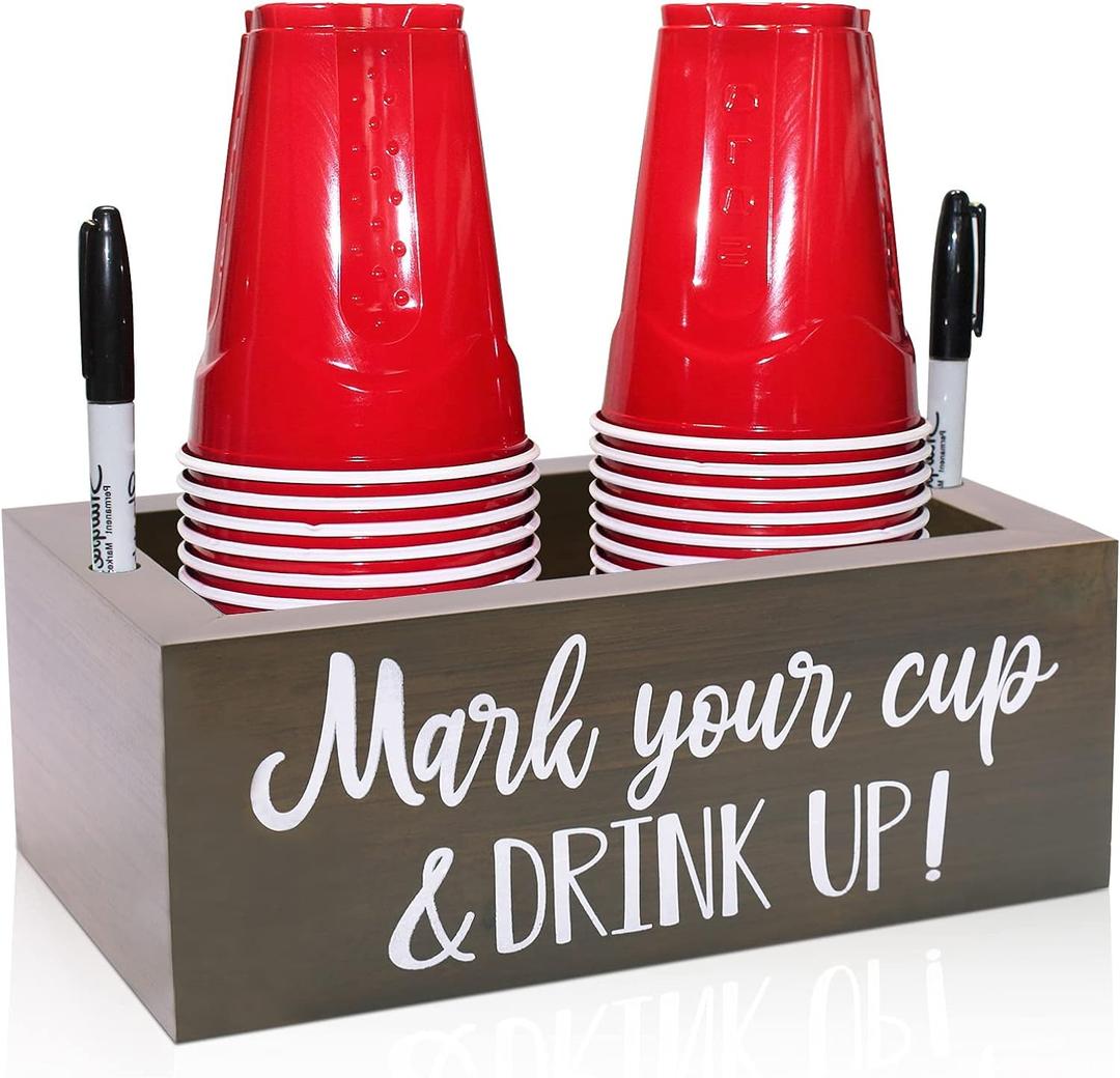 Grey Double Cup Holder, Zingoetrie Wooden Party Cup Organizer Storage Party Cup Dispenser Cup Mark Your Cup and Drink Up for Bathroom Kitchen Bar Counter Rustic Farmhouse Home Party Decor