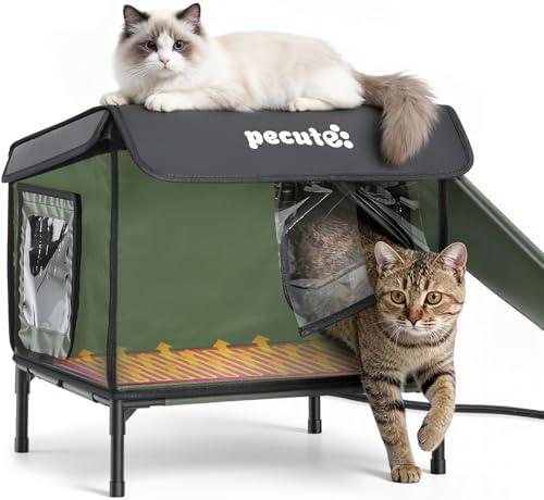 Pecute Heated Outdoor Cat House with Heating Pad - Weatherproof Insulated Winter Shelter for Outside Feral Cats, Cathouse with 2 Exits, Reinforced Metal Frame, Expanded Canopy for Porch Garage Barn