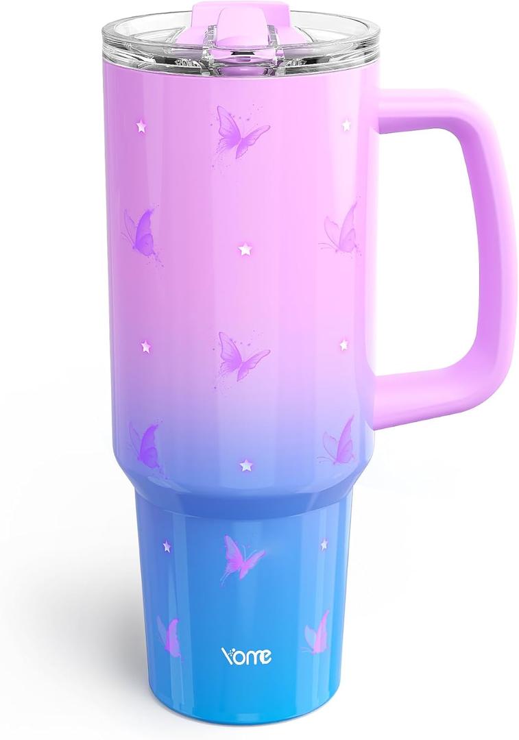 YOME 40 oz Butterfly Tumbler with Handle and Flip Straw for Women | Stainless Steel Insulated Water Bottle | Keeps Drinks Cold | Dishwasher Safe | Cupholder Friendly | Gift Gym Travel Yoga (Flying Butterfly Purple)