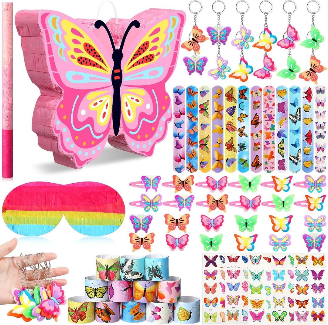 Pasimy 51 Pcs Butterfly Piata Set Butterfly Birthday Party Supplies Piata with Stick Blindfold Sticker Hairpin Ring Slap Bracelet Keychain Party Favors for Family Game Decoration(Pink)