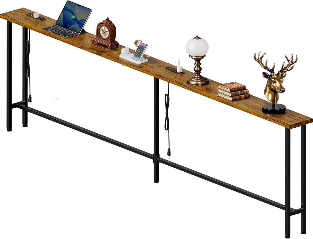 GRLEAF 102 Inch Narrow Sofa Table with Power Outlets, Extra Long Console Table Behind Couch Table with Charging Station, Skinny Entryway Table Thin Table for Living Room, Narrow Spaces (Rustic Brown)