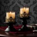 Gothic Hurricane Candle Holders, Black Metal with Glass Sleeve, Set of 2 Decorative Pillar Holders, 5.9 and 7.9 Inch Height, 4 Inch Diameter