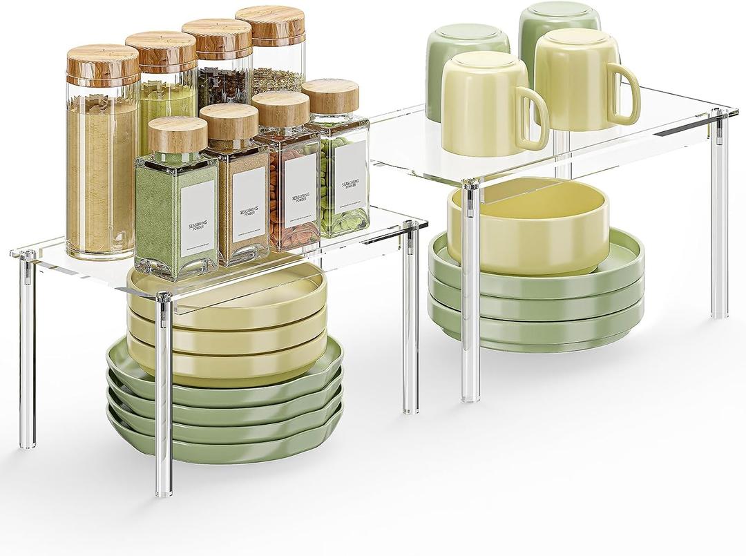 Delamu Clear Kitchen Cabinet Organizer, Set of 2 Acrylic Shelf Organizer for Cupboard Organizers and Storage, Stackable Cabinet Shelf for Plate, Dish, Bowl, Cup & Mug, 11.7" W x 7.7" D x 6.3" H