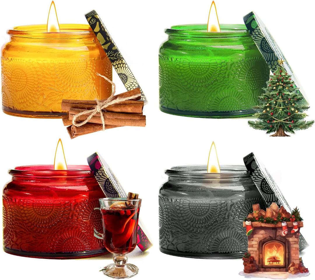 Azulfra Christmas Scented Candles Gift Set - Holiday Soy Wax Candles with Festive Scents - Christmas Tree, Fireplace, Cinnamon, Mulled Wine - Great Gifts for Women, Home Decor, 4 Pack