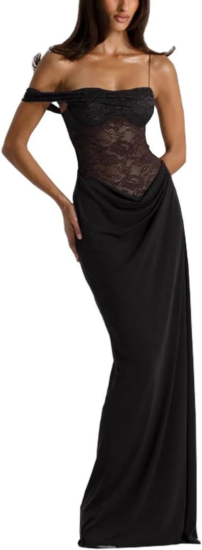 Women's Sexy Lace Maxi Dress High Split Spaghetti Strap Backless Wedding Guest Cocktail Formal Dresses (Black, S)