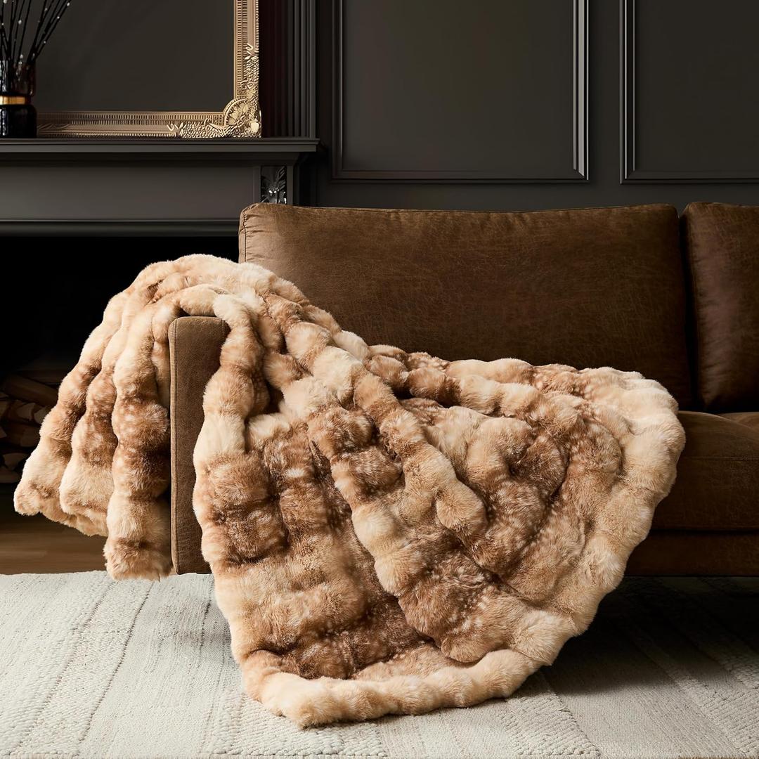WDCOZY Deer Fawn Animal Print Bubble Throw Blanket, Luxury Faux Rabbit Fur Mink Plush Throw for Couch, Sofa and Bed, Soft Fluffy Fuzzy Cozy Blanket for Women, Thick and Warm, 50x60 inches, 950 GSM