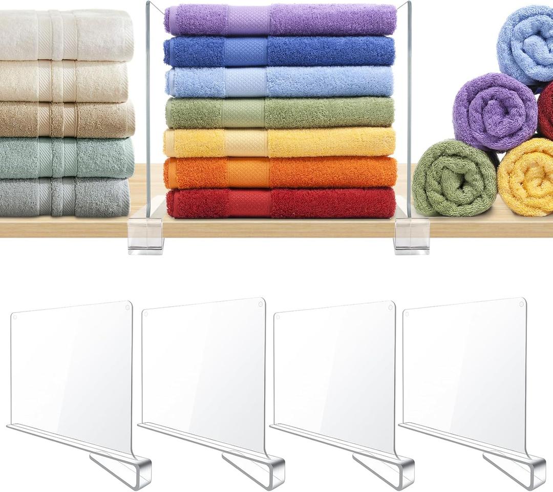 4 Pack Clear Acrylic Shelf Dividers for Closet Shelf Organizer of Bedroom Kitchen Office Bathroom Organizer for Clothes Books Hats and Handbags
