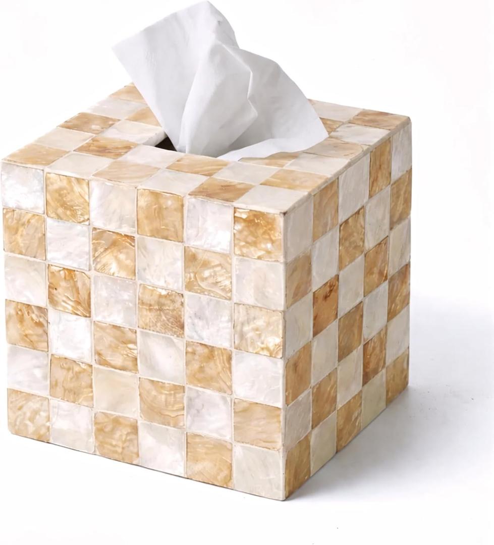 CHI AN HOME 5.5 Square Tissue Box Cover, Capiz Shells Cube Tissue Box Holder with Bottom Slider, Checkered Tissue Box Cover Mother of Pearl Decorative Tissue Holder for Bathroom Vanity, Office, Ivory