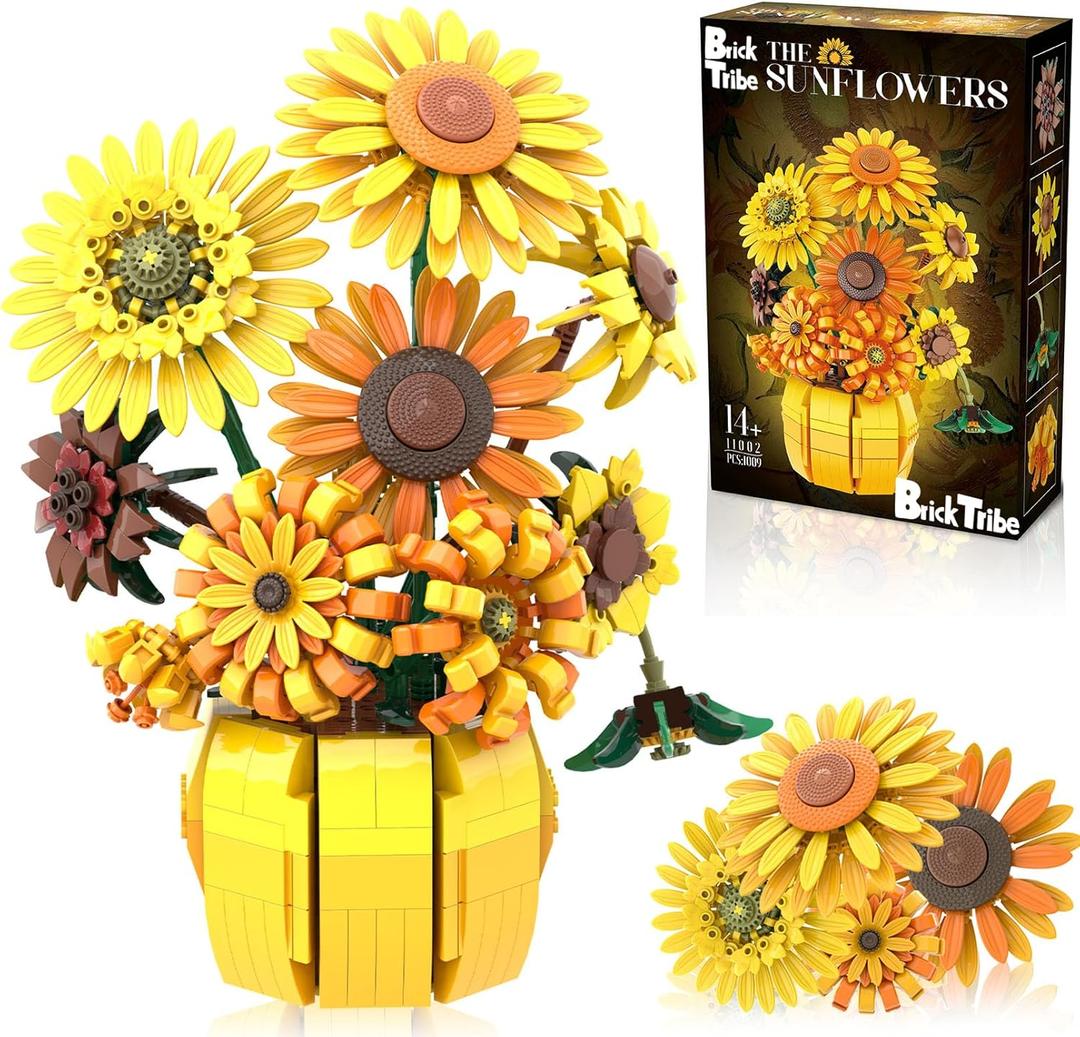 Van Gogh Sunflower Building Blocks Set for Adults, Sunflowers Botanicals Compatible with Lego Flowers, Art Bonsai Botanical Collection Office Gifts for Her Him Girls 14+, 1009PCS, 11002