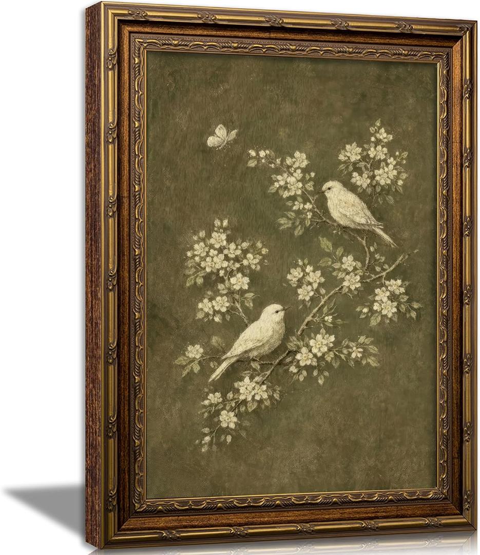 Vintage Gold Framed Bird Wall Art, White Flowers Botanical Oil Painting Canvas Print, Rural Animals Picture Wall Decor, Rustic Farmhouse Poster Artwork for Living Room Bedroom, 24"L x 16"W
