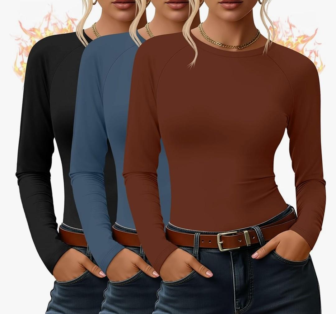 3 Pack Women's Thermal Shirts Fleece Lined Long Sleeve, Top Crew Neck Raglan, Thermal Winter Base Layer Undershirts, Size L