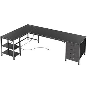 Huuger 63 Inch L Shaped Desk with Fabric Drawers, Reversible Computer Gaming Desk with Power Outlets and USB-C Port, Adjustable Side Storage Shelves, for Work Study Corner Home Office, Black